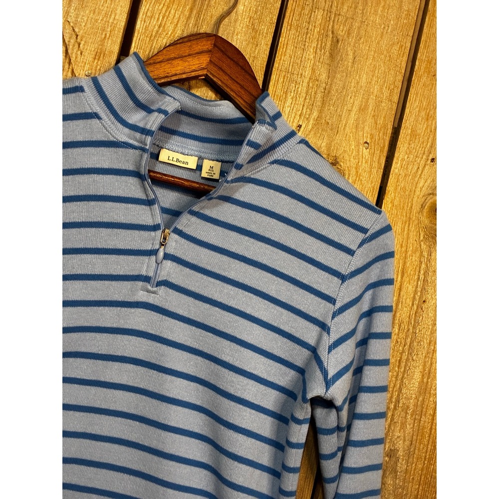 LL Bean Womens M Blue Striped 100% Cotton Ribbed Quarter Zip Pullover Sweater